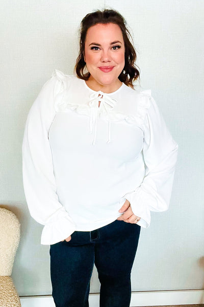 Eyes On You Ivory Ribbon Tie Bow Square Neck Ruffle Bubble Sleeve Blouse - Online Only!
