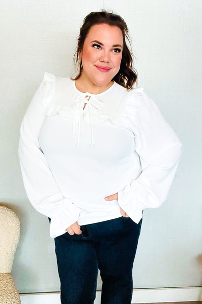 Eyes On You Ivory Ribbon Tie Bow Square Neck Ruffle Bubble Sleeve Blouse - Online Only!