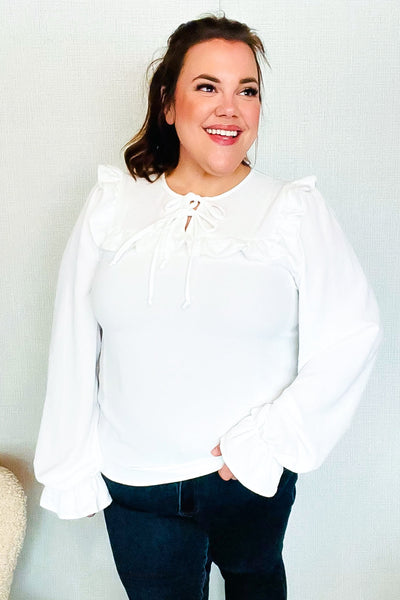 Eyes On You Ivory Ribbon Tie Bow Square Neck Ruffle Bubble Sleeve Blouse - Online Only!