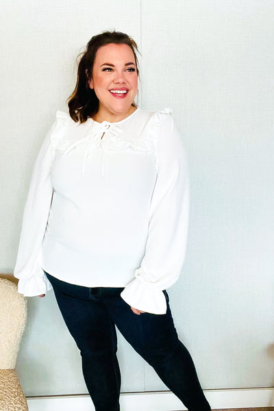 Eyes On You Ivory Ribbon Tie Bow Square Neck Ruffle Bubble Sleeve Blouse - Online Only!