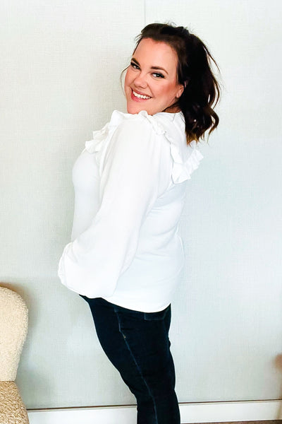 Eyes On You Ivory Ribbon Tie Bow Square Neck Ruffle Bubble Sleeve Blouse - Online Only!