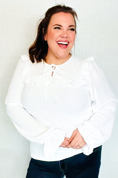 Eyes On You Ivory Ribbon Tie Bow Square Neck Ruffle Bubble Sleeve Blouse - Online Only!