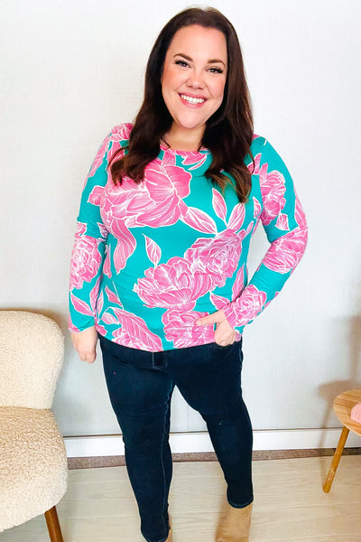 Find Love Aqua/Pink Fitted Floral Print Buttery Soft Knit Top - Online Only!