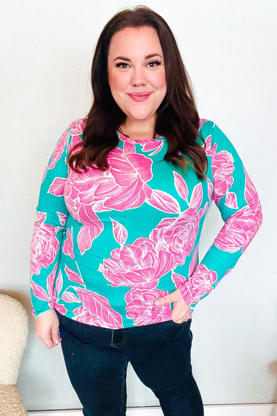 Find Love Aqua/Pink Fitted Floral Print Buttery Soft Knit Top - Online Only!