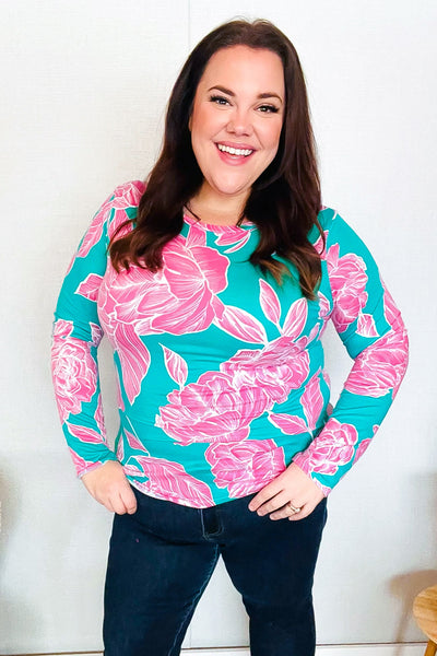 Find Love Aqua/Pink Fitted Floral Print Buttery Soft Knit Top - Online Only!