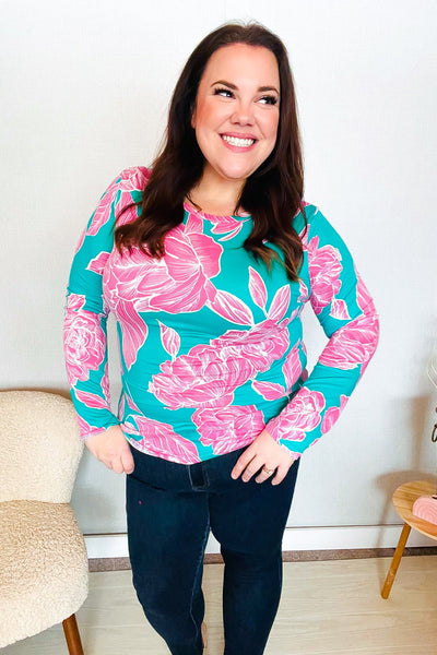 Find Love Aqua/Pink Fitted Floral Print Buttery Soft Knit Top - Online Only!