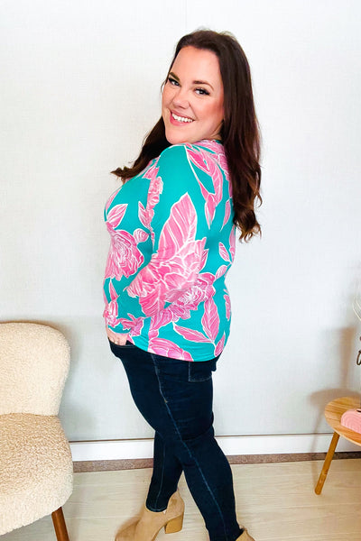 Find Love Aqua/Pink Fitted Floral Print Buttery Soft Knit Top - Online Only!