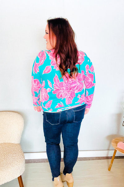 Find Love Aqua/Pink Fitted Floral Print Buttery Soft Knit Top - Online Only!
