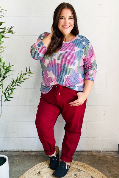 Beautiful You Magenta Floral Vintage Two Tone Knit Top - Online Only!