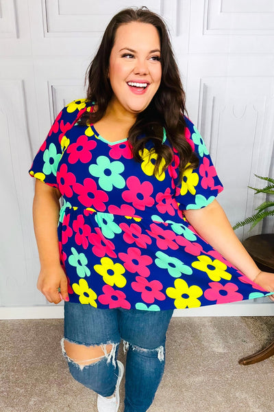 Navy Flat Floral Bubble Sleeve Babydoll Raglan Top - Online Only!