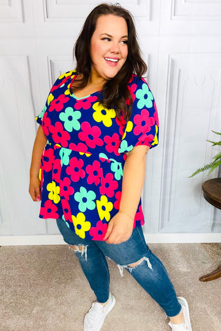 Navy Flat Floral Bubble Sleeve Babydoll Raglan Top - Online Only!
