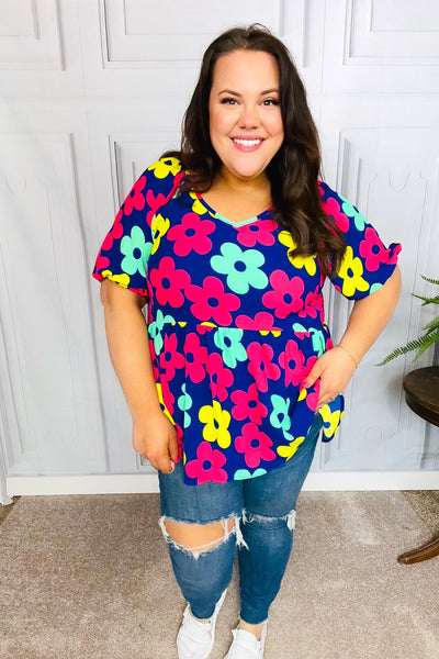 Navy Flat Floral Bubble Sleeve Babydoll Raglan Top - Online Only!