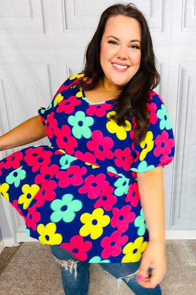 Navy Flat Floral Bubble Sleeve Babydoll Raglan Top - Online Only!