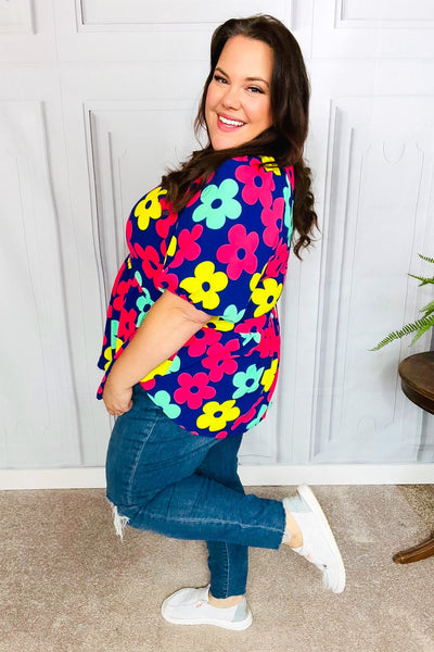 Navy Flat Floral Bubble Sleeve Babydoll Raglan Top - Online Only!