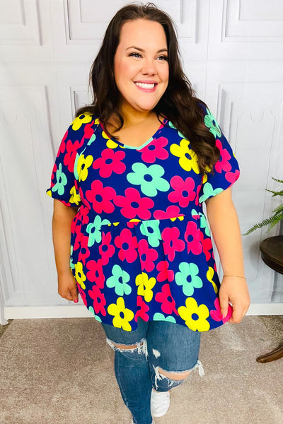 Navy Flat Floral Bubble Sleeve Babydoll Raglan Top - Online Only!