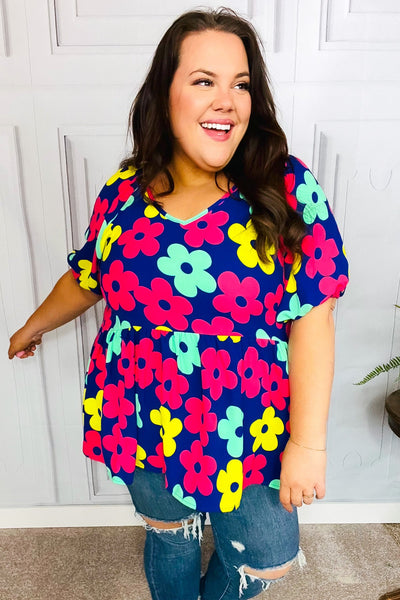 Navy Flat Floral Bubble Sleeve Babydoll Raglan Top - Online Only!