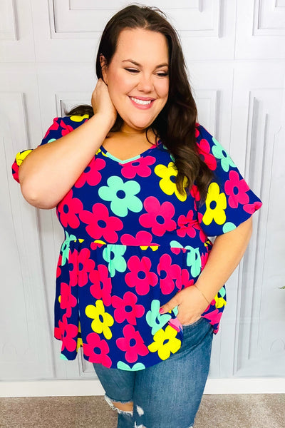 Navy Flat Floral Bubble Sleeve Babydoll Raglan Top - Online Only!