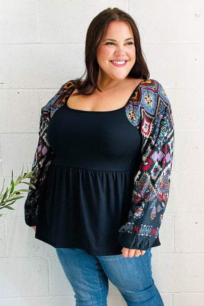 Charming Black Square Neck Border Print Bubble Sleeve Top - Online Only!