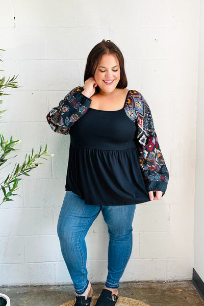 Charming Black Square Neck Border Print Bubble Sleeve Top - Online Only!