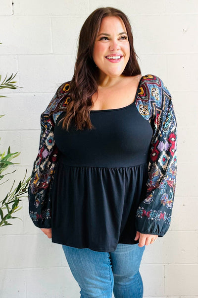 Charming Black Square Neck Border Print Bubble Sleeve Top - Online Only!