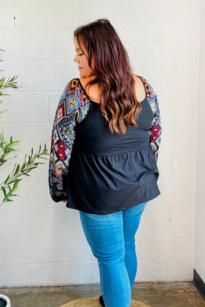 Charming Black Square Neck Border Print Bubble Sleeve Top - Online Only!
