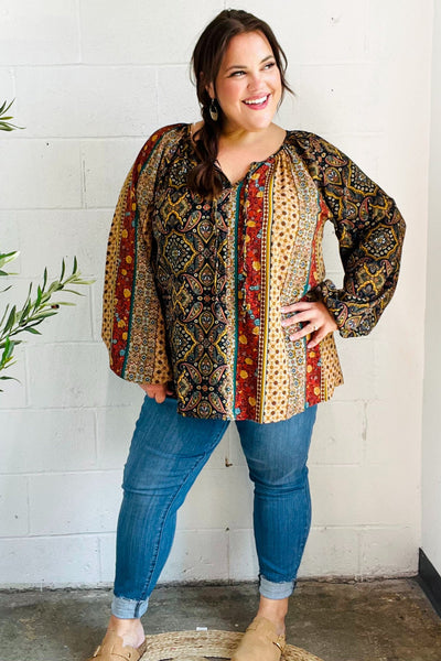Weekend Ready Black & Rust Paisley Raglan Keyhole Tie Top - Online Only!
