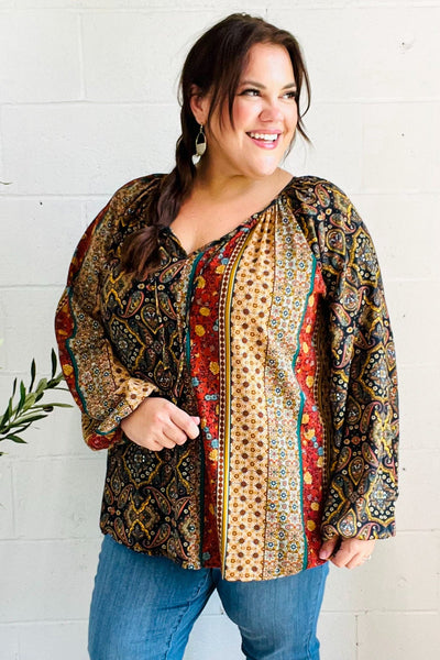 Weekend Ready Black & Rust Paisley Raglan Keyhole Tie Top - Online Only!
