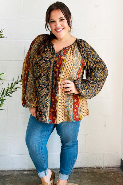 Weekend Ready Black & Rust Paisley Raglan Keyhole Tie Top - Online Only!