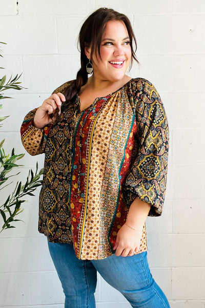 Weekend Ready Black & Rust Paisley Raglan Keyhole Tie Top - Online Only!