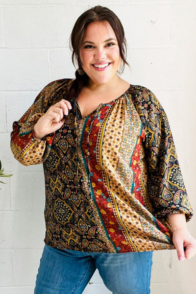Weekend Ready Black & Rust Paisley Raglan Keyhole Tie Top - Online Only!