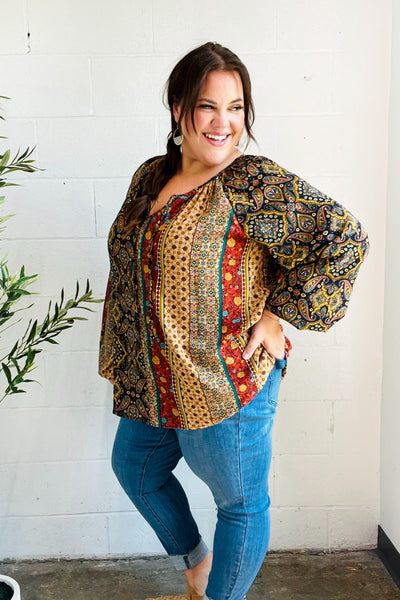 Weekend Ready Black & Rust Paisley Raglan Keyhole Tie Top - Online Only!