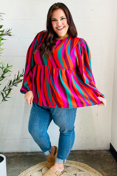 Rust & Berry Abstract Print Babydoll Air Flow Woven Top - Online Only!
