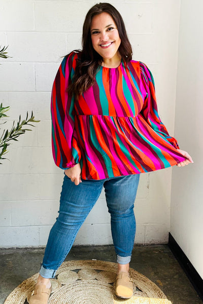 Rust & Berry Abstract Print Babydoll Air Flow Woven Top - Online Only!