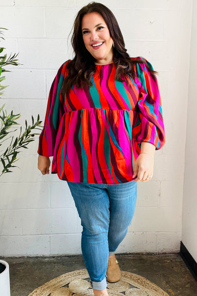 Rust & Berry Abstract Print Babydoll Air Flow Woven Top - Online Only!