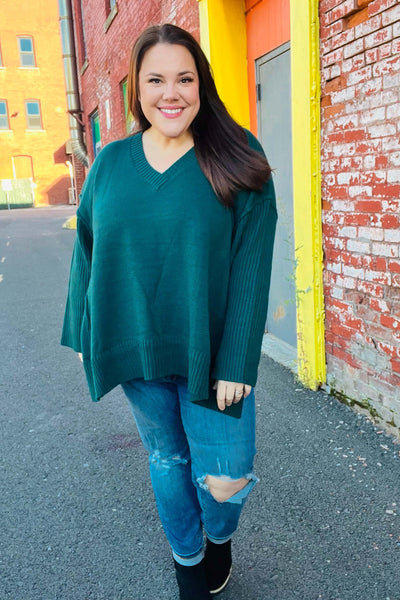 Casual Chic Hunter Green Oversized V Neck Rib Knit Sweater - Online Only!