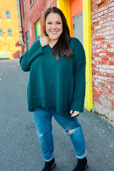 Casual Chic Hunter Green Oversized V Neck Rib Knit Sweater - Online Only!
