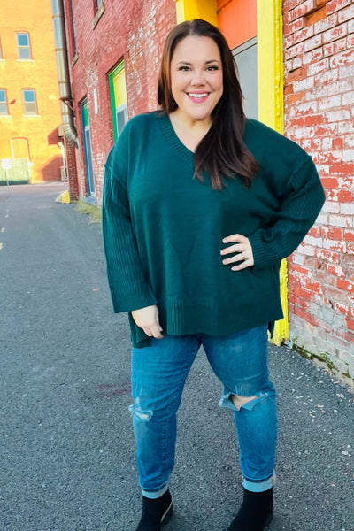 Casual Chic Hunter Green Oversized V Neck Rib Knit Sweater - Online Only!