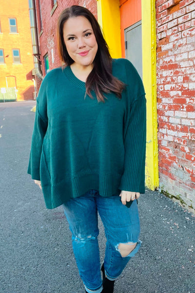 Casual Chic Hunter Green Oversized V Neck Rib Knit Sweater - Online Only!