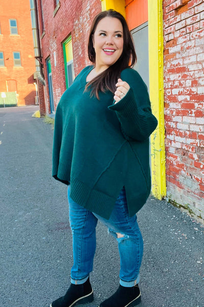 Casual Chic Hunter Green Oversized V Neck Rib Knit Sweater - Online Only!