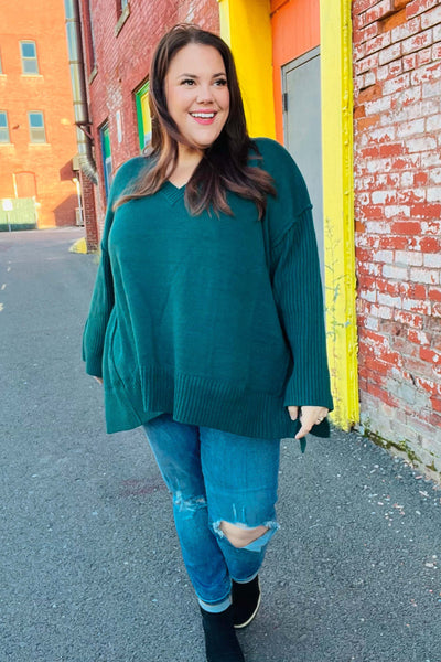 Casual Chic Hunter Green Oversized V Neck Rib Knit Sweater - Online Only!