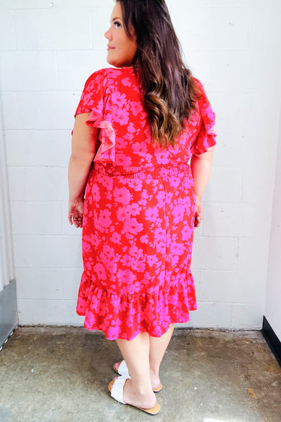 Remember Me Red & Pink Floral Print Smocked Waist Midi Dress - Online Only!