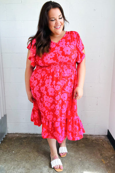 Remember Me Red & Pink Floral Print Smocked Waist Midi Dress - Online Only!