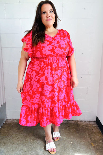 Remember Me Red & Pink Floral Print Smocked Waist Midi Dress - Online Only!