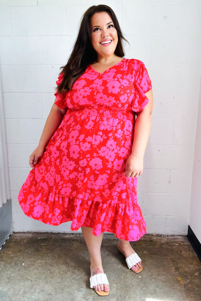 Remember Me Red & Pink Floral Print Smocked Waist Midi Dress - Online Only!