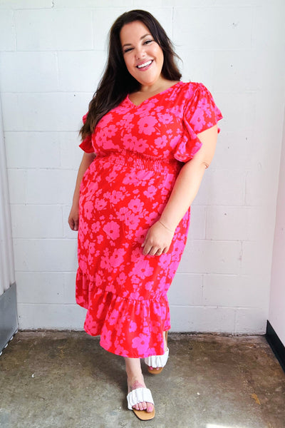 Remember Me Red & Pink Floral Print Smocked Waist Midi Dress - Online Only!