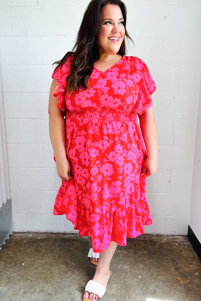Remember Me Red & Pink Floral Print Smocked Waist Midi Dress - Online Only!