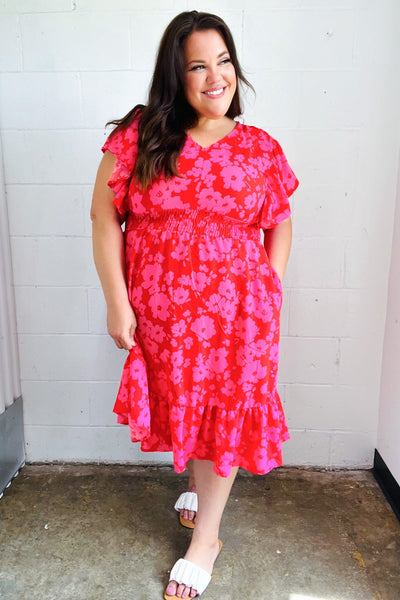 Remember Me Red & Pink Floral Print Smocked Waist Midi Dress - Online Only!