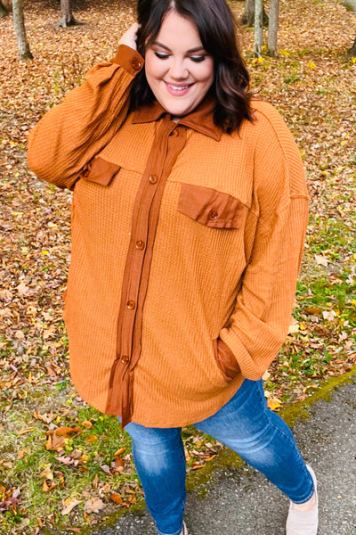 Only For You Rust Waffle Button Down Oversized Shacket - Online Only!