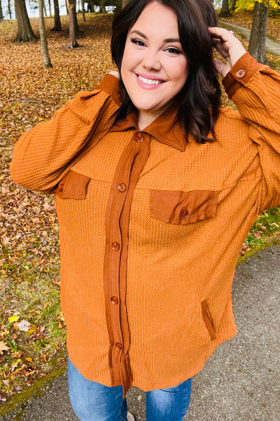 Only For You Rust Waffle Button Down Oversized Shacket - Online Only!