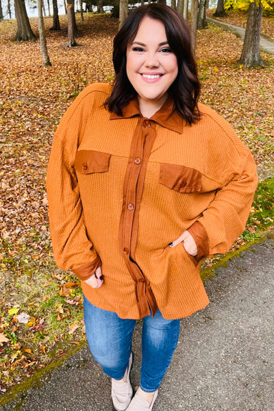 Only For You Rust Waffle Button Down Oversized Shacket - Online Only!